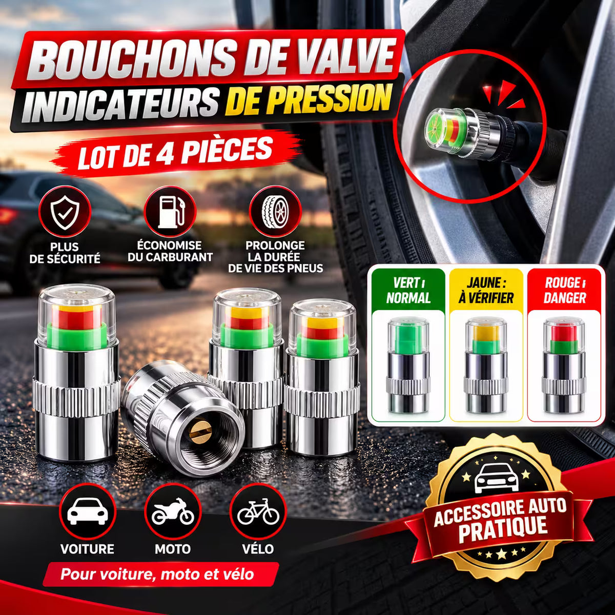 Kit 4 pcs Indicateur Intelligent De Pression Des Pneus